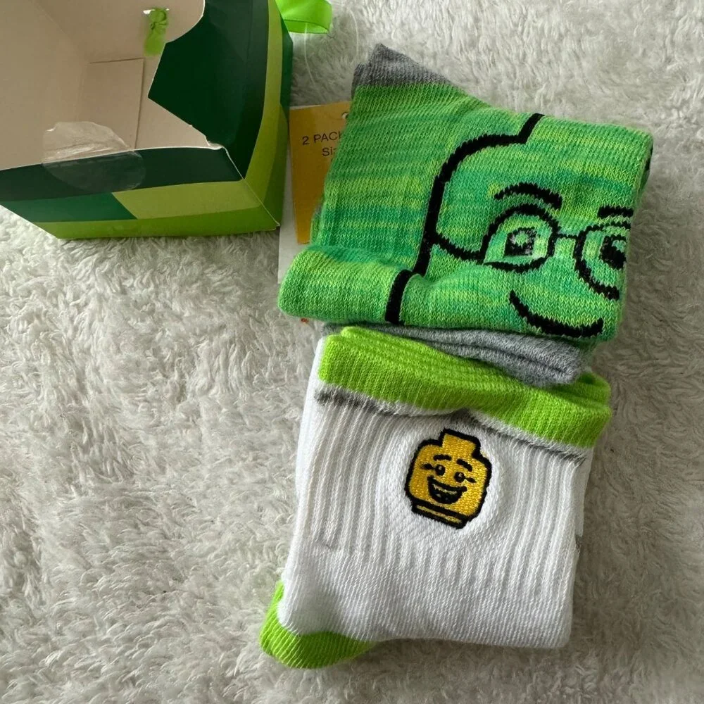 Lego Boys Socks 2 Pair Set M/L Green & White